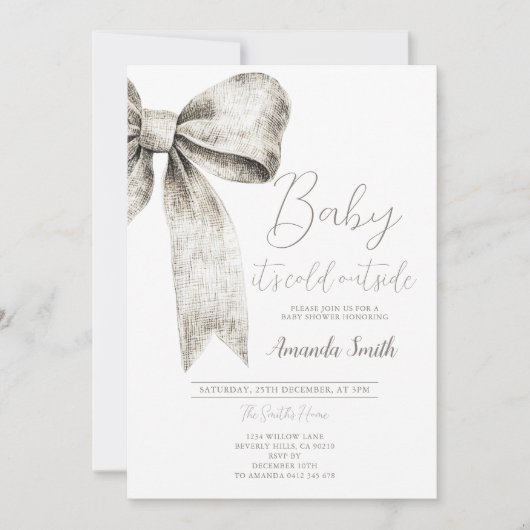 Winter Silver Bow Krawatte Kinderdusche Schneefloc Einladung (Vorderseite)