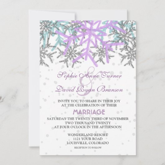 Winter Silver Lila Blue Snowflakes Hochzeit Einladung (Vorderseite)