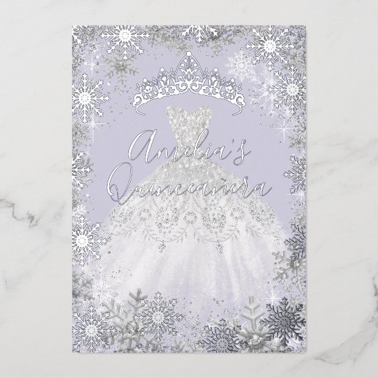Winter Silver Lila Snowflake Quinceanera Folieneinladung (Vorderseite)