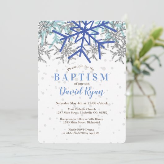 Winter Silver Navy Blue Snowflake Taufe einladen Einladung (Stehend Vorderseite)