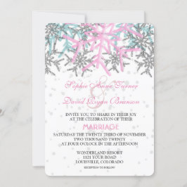 Winter Silver Pink Blue Snowflakes Hochzeit Einladung