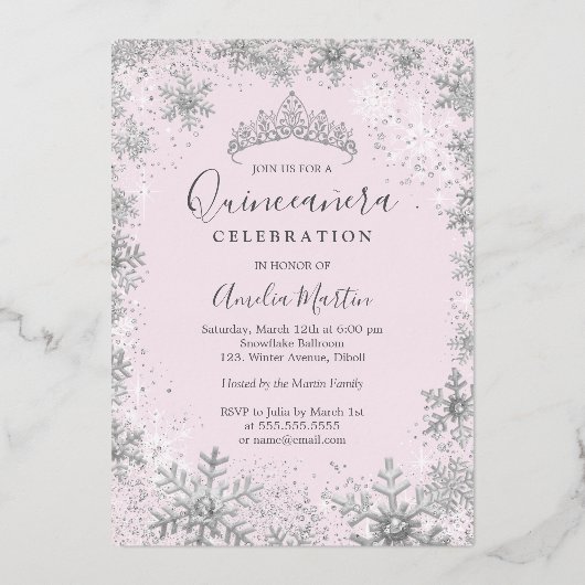 Winter Silver Snowflake Soft Pink Quinceanera Folieneinladung (Rückseite)