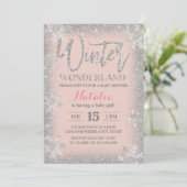 Winter Silver Snowflakes Blush Pink Baby Dusche Einladung (Stehend Vorderseite)