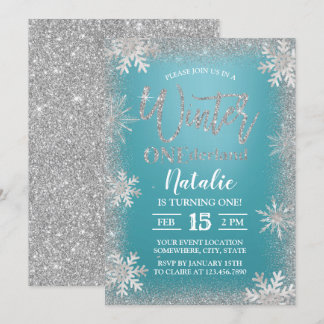 Winter Silver Snowflakes Türkis 1. Geburtstag Einladung