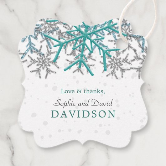 Winter Silver Turquoise Schneeflocken Hochzeit Geschenkanhänger (Rückseite)