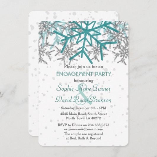 Winter Silver Turquoise Snowflake Engagement Party Einladung (Vorne/Hinten)