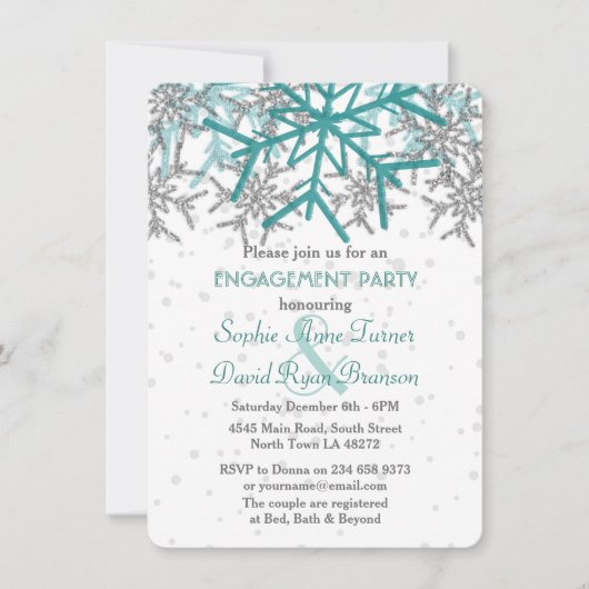Winter Silver Turquoise Snowflake Engagement Party Einladung (Vorderseite)