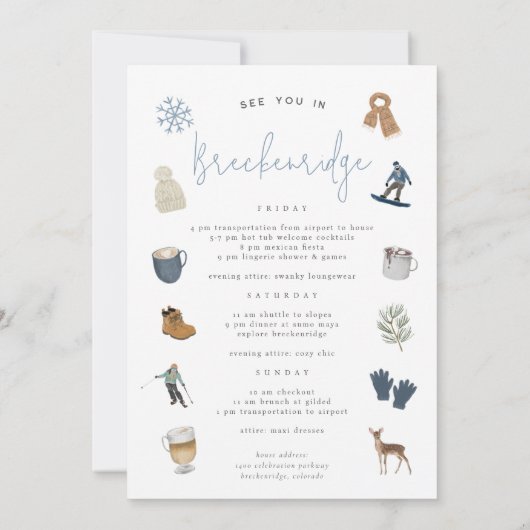 Winter Ski Resort Bachelorette Wochenende Tourismu Einladung (Rückseite)