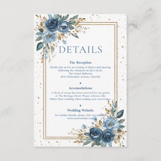Winter Sky Navy and Gold Floral Wedding Begleitkarte (Vorderseite)