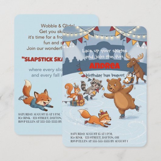 Winter Slapstick Ice Skating Birthday Invitation Einladung (Vorne/Hinten)