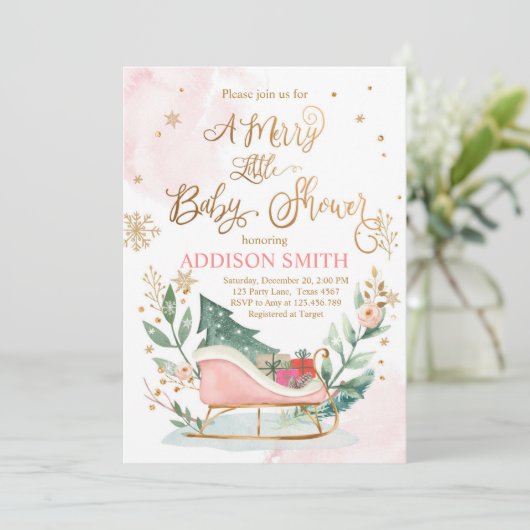 Winter Sleigh Christmas Merry Little Baby Shower Einladung (Stehend Vorderseite)
