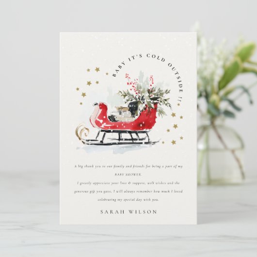 Winter Sleigh Its Cold Outside Neutral Baby Shower Dankeskarte (Stehend Vorderseite)