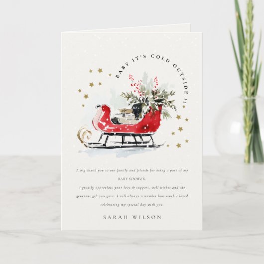 Winter Sleigh Its Cold Outside Neutral Baby Shower Dankeskarte (Vorderseite)