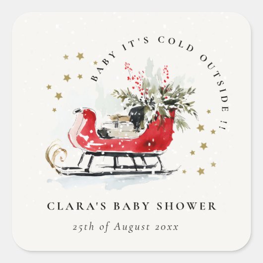 Winter Sleigh Its Cold Outside Neutral Baby Shower Quadratischer Aufkleber (Vorderseite)