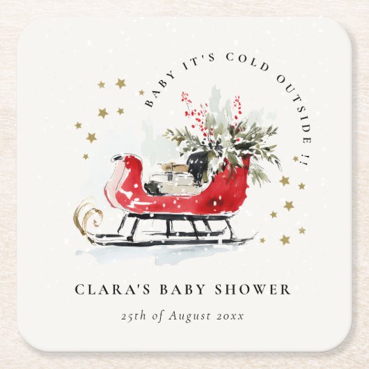 Winter Sleigh Its Cold Outside Neutral Baby Shower Rechteckiger Pappuntersetzer (Vorderseite)