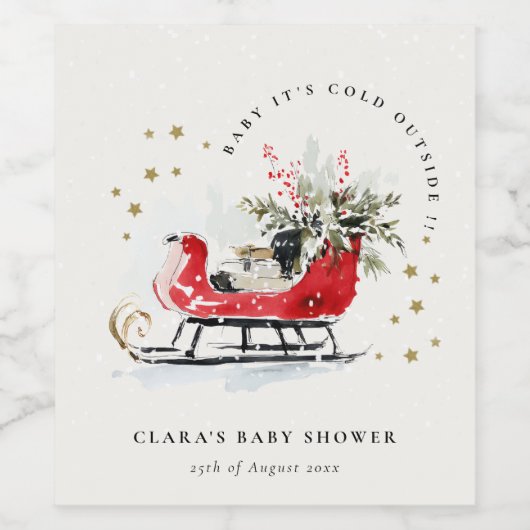 Winter Sleigh Its Cold Outside Neutral Baby Shower Weinetikett (Einzelnes Label)