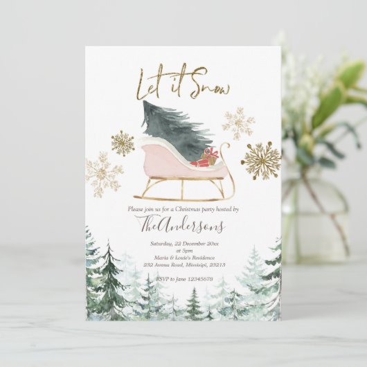Winter Sleigh Let it Snow Weihnachten Party Einladung (Stehend Vorderseite)
