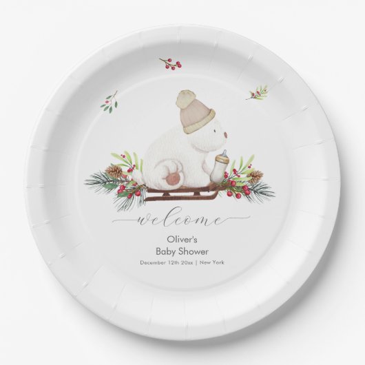 Winter Sleigh Polar Bear Baby Shower Welcome Pappteller (Vorderseite)