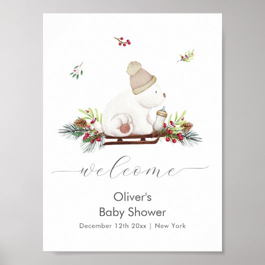 Winter Sleigh Polar Bear Baby Shower Welcome  Poster (Vorne)
