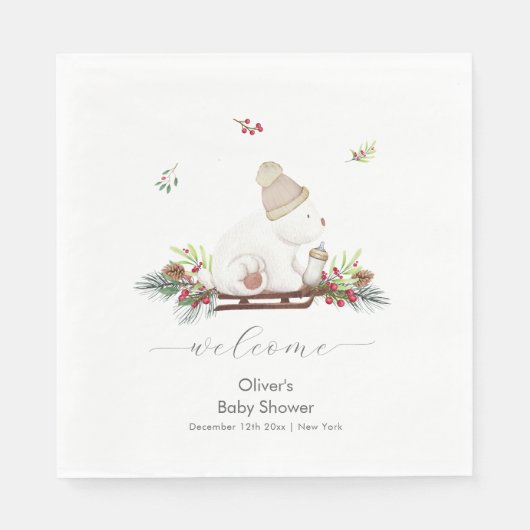 Winter Sleigh Polar Bear Baby Shower Welcome  Serviette (Vorderseite)