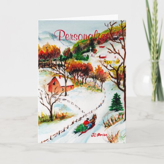 Winter Sleigh Ride Mountain Christmas Watercolor Feiertagskarte (Vorderseite)