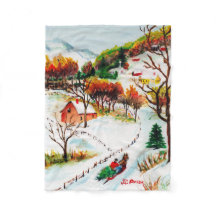 Winter Sleigh Ride Mountain Christmas Watercolor