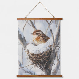 Winter Snow Bird Wren in Tree Nest Nature Art Wandteppich Mit Holzrahmen