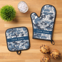 Winter Snow Blue Camouflage Ihr Name Personalisier Ofenhandschuh & Topflappen-Set