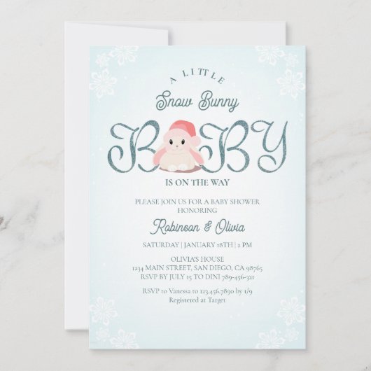 Winter Snow Bunny Baby Dusche Einladung (Vorderseite)