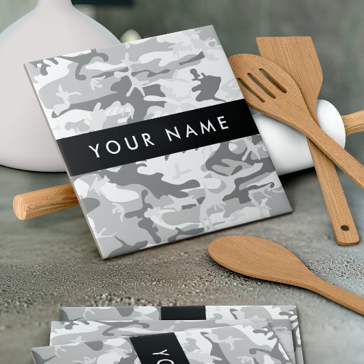 Winter Snow Gray Camouflage Ihr Name personalisier Fliese