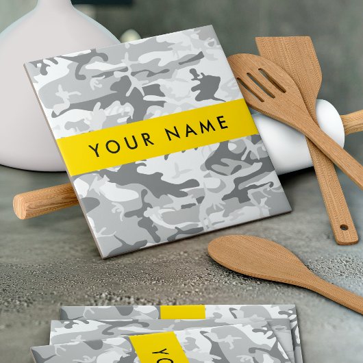 Winter Snow Gray Camouflage Ihr Name personalisier Fliese