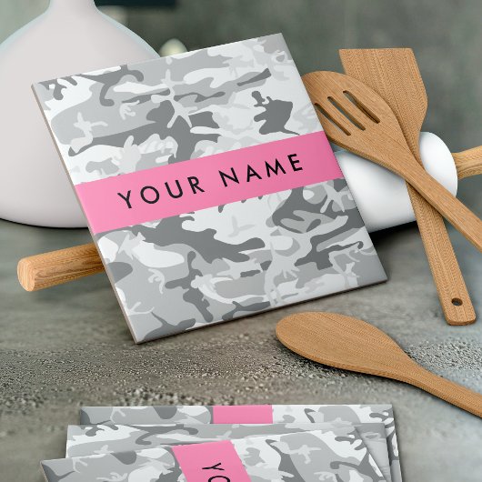 Winter Snow Gray Camouflage Ihr Name personalisier Fliese