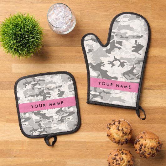 Winter Snow Gray Camouflage Ihr Name personalisier Ofenhandschuh & Topflappen-Set (Oben Unten)