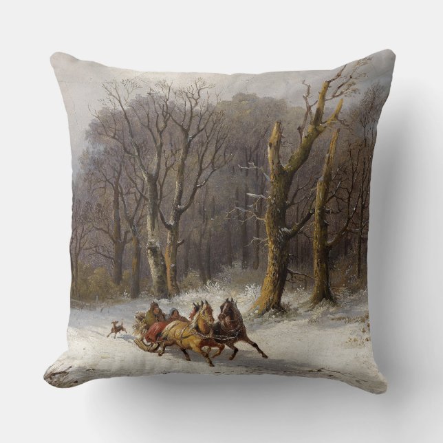 Winter Snow Horses Sleigh Ride Forest Throw Pillow Kissen (Vorderseite)
