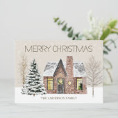 Winter Snow House Pine Tree Frohe Weihnachten (Stehend Vorderseite)