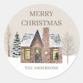 Winter Snow House Pine Tree Frohe Weihnachtsnamen Runder Aufkleber (Vorderseite)