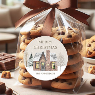 Winter Snow House Pine Tree Frohe Weihnachtsnamen Runder Aufkleber