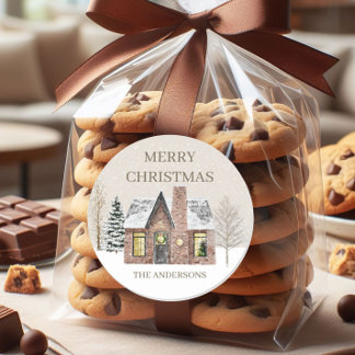 Winter Snow House Pine Tree Frohe Weihnachtsnamen Runder Aufkleber