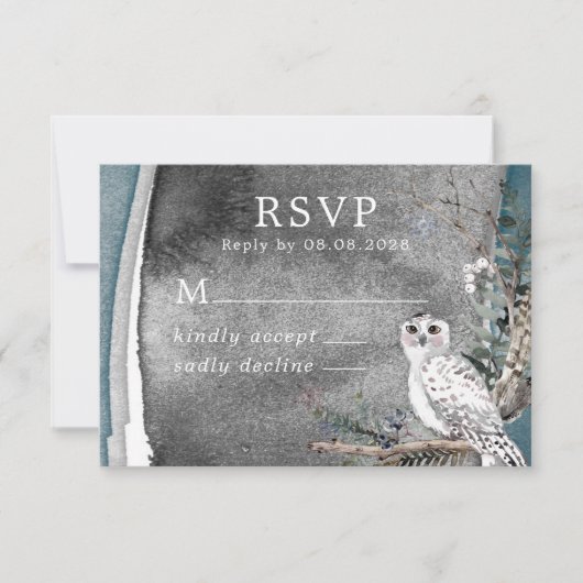 Winter Snow Owl Moon Branch Paint Wedding RSVP Karte (Vorderseite)