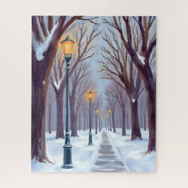 Winter Snow Park Street Lamps City Watercolor Puzzle
