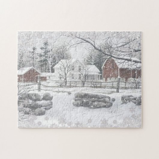 Winter Snow Red Barn Farm House Puzzle (Horizontal)