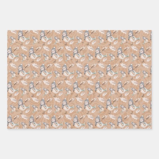 Winter Snow Sparrow Wasserfarbe Handgestrichen Geschenkpapier Set (Vorderseite)