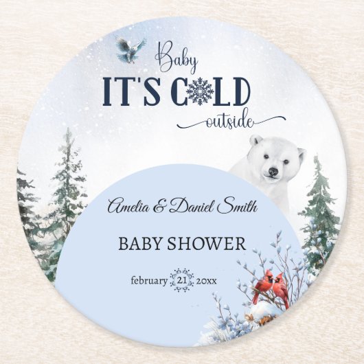 Winter Snowflake Baby Cold Outdoor Bärenschale Runder Pappuntersetzer (Vorderseite)