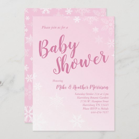 Winter Snowflake Baby Dusche Pink Girl Einladung (Vorne/Hinten)