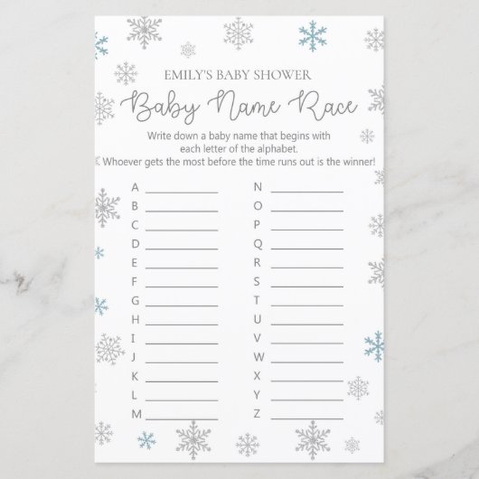 Winter Snowflake Baby Shower Game PRINTIERT (Vorderseite)