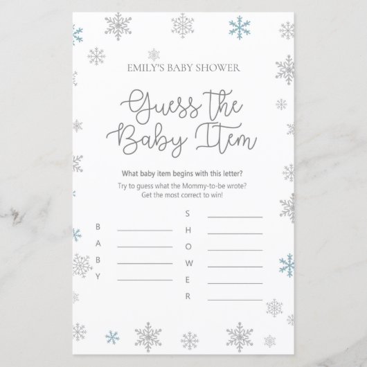 Winter Snowflake Baby Shower Game PRINTIERT (Vorderseite)