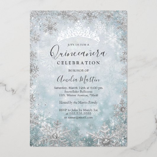 Winter Snowflake Blue Silver Quinceanera Folieneinladung (Vorderseite)