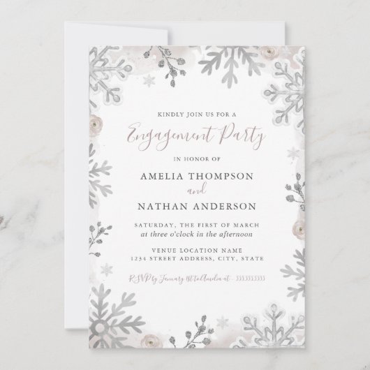 Winter Snowflake Blush Silver Engagement Party Einladung (Vorderseite)