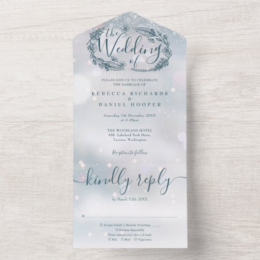 Winter Snowflake Bohemian Foliage Wedding All In One Einladung (Innen Boden)