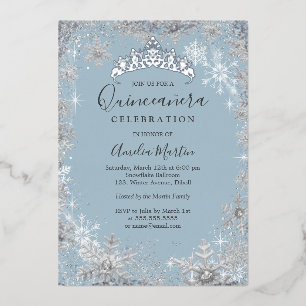 Winter Snowflake Dusty Blue Silver Quinceanera Folieneinladung